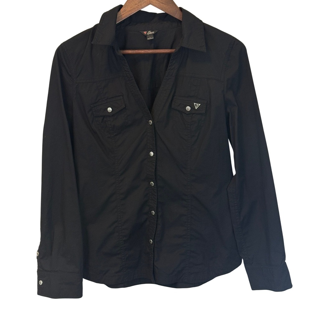 Vintage Guess Black Y2K Snap Front Long‎ Sleeve Shirt Size Large
